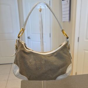 Prada Beige Canvas and White Leather Shoulder Bag with Gold Hardware